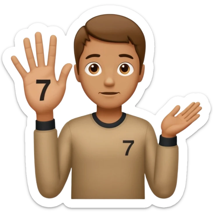Man shrugging with the number 6 above his left hand and the number 7 above his right hand sticker