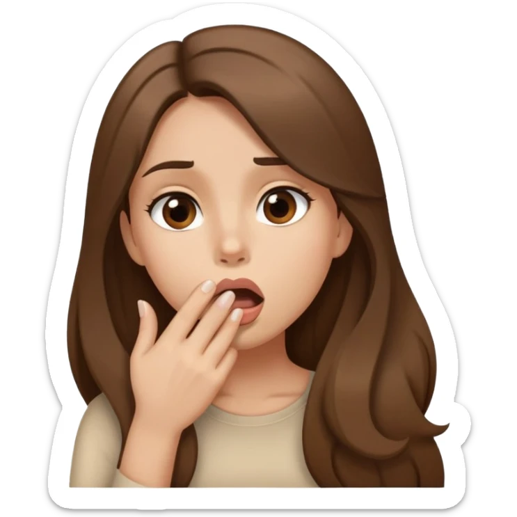 Girl with long brown hair making a dramatic gasp, hand on mouth, elegant beige cartoon style sticker