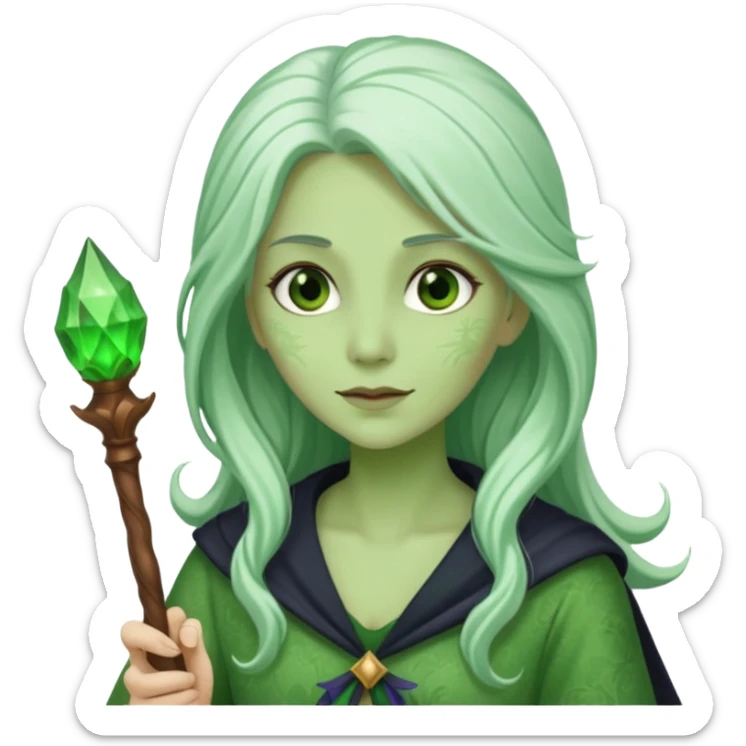 Woman with green skin color with white color long hair and carrying a magic wand sticker