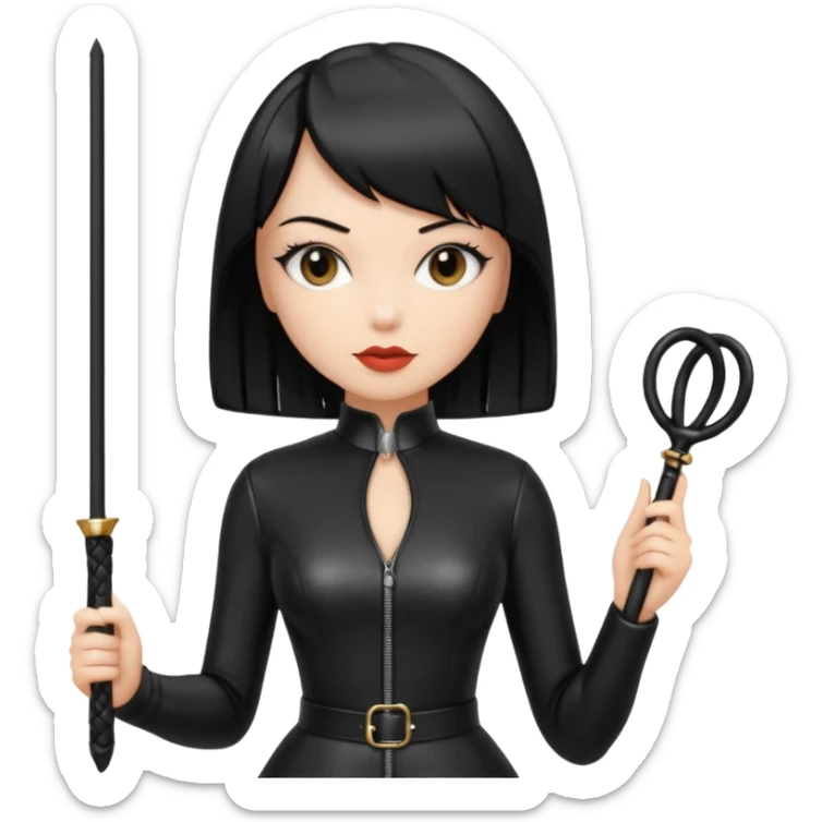 madam with straight bob black hairstyle in black latex with whip in hand sticker