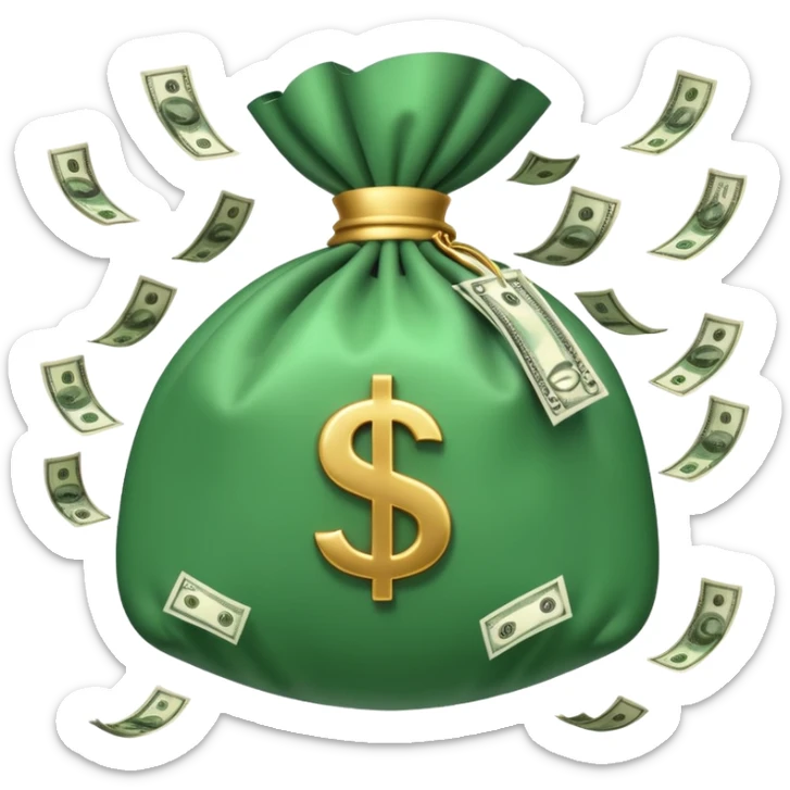 

3D emoji style, big bag of money, flying dollar bills, rich casino vibe, smooth lighting, high detail, clean edges, transparent background



 sticker