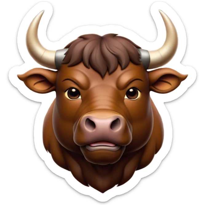 Cinematic Noble Brown Bull Portrait Emoji, Poised and regal, with a massive, muscular build and a sleek, well-groomed rich brown hide, deep-set soulful dark eyes, Simplified yet sharp and sophisticated features, highly detailed, glowing with a soft, dignified glow, high shine, intelligent and formidable, stylized with an air of strength, focused and attentive, soft glowing outline, capturing the essence of a watchful and confident guardian, so majestic it feels as though it could charge out of the screen with effortless authority! sticker