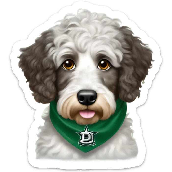Merle Aussiedoodle wearing a bandana with the NHL Dallas Stars hockey team logo sticker