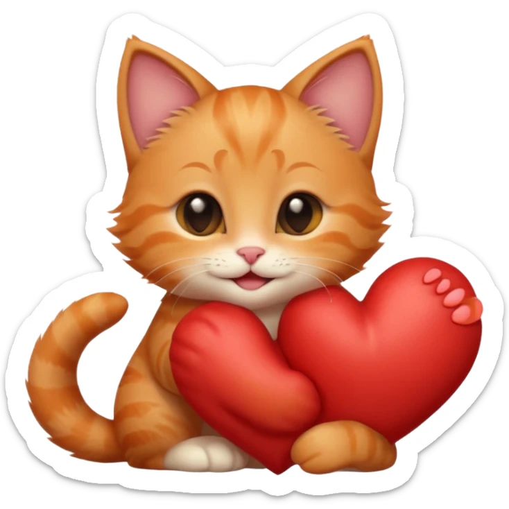 The ginger kitten is hugging a heart, very happy and smiling, he has a very beautiful face. sticker