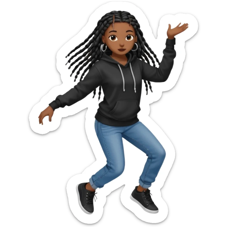 African American dark skin girl with long black box braids wearing a plain black hoodie wearing denim jeans and shoes dancing in music video sticker
