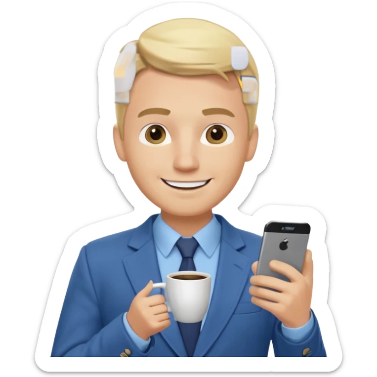 Confident and outgoing male entrepreneur, Caucasian features, blonde hair, big friendly smile, expressive eyes, defined eyebrows, wearing a blue blazer over a light blue shirt, holding a smartphone in one hand and a coffee cup in the other, waist-up, front-facing sticker