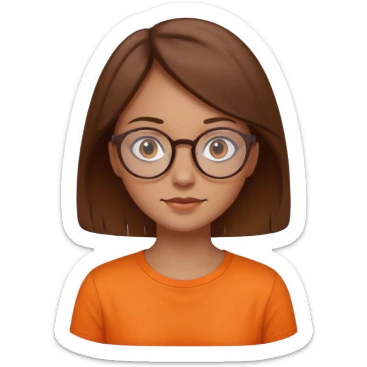 brown hair woman with round glasses orange shirt no smile sticker