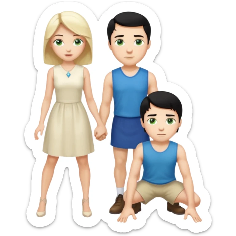 King, man, upright, black Hair, blue eyes, whole body, Woman, bending knees, blonde, green eyes, sleveless White Dress, sticker