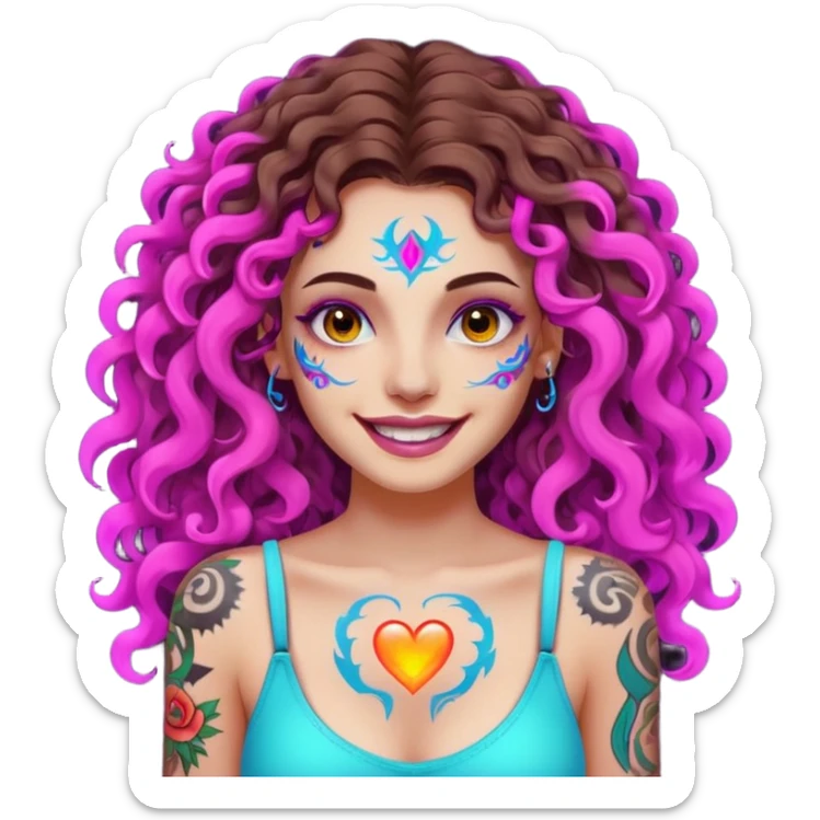 woman with long curly brown hair, brown eyes, white skin, tattoos, fake innocent smile with chaotic neon aura sticker