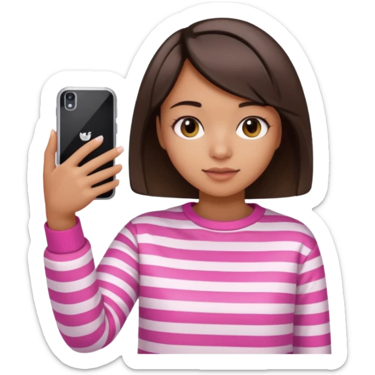 Emoji of a cute 3D girl with short dark brown bob hairstyle, wearing a pink and white striped sweatshirt. She is holding a phone and taking a selfie, white background.

 sticker