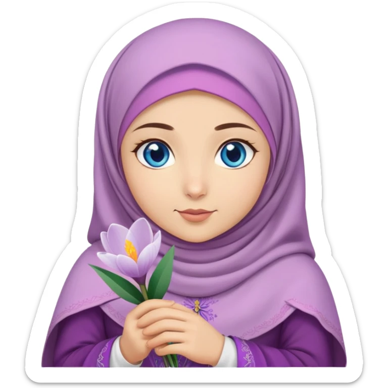 Turkish beautiful finish Konya girl blue eyes with crocus hijab and islamic dress and hold crocus flower on hand  sticker