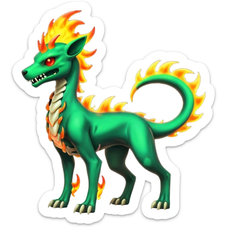 Badass neon-radioactive-green skeletal cool shiny Houndoom-Charmeleon-Fakémon-hybrid-creature (full body)  with flamey Mohawk  sticker