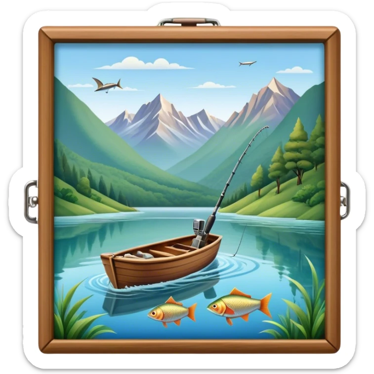 Icon for Fishing Travel: a boat on a calm lake surrounded by mountains and lush greenery, with fish jumping out of the water, a fishing rod, tackle box. The icon should capture the peaceful and adventurous nature of fishing trips. Transparent background. sticker