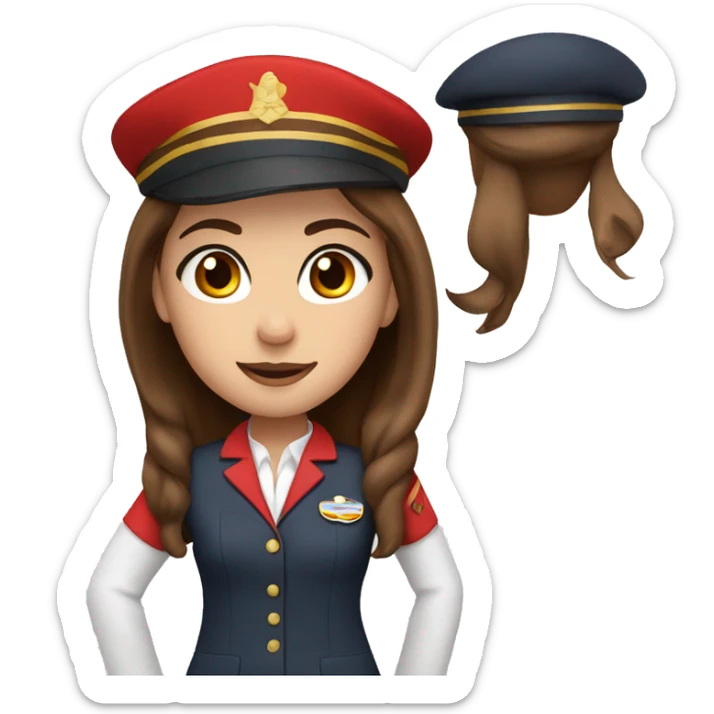 A white stewardess with long brown hair and brown eyes  in a red uniform and a red beret sticker