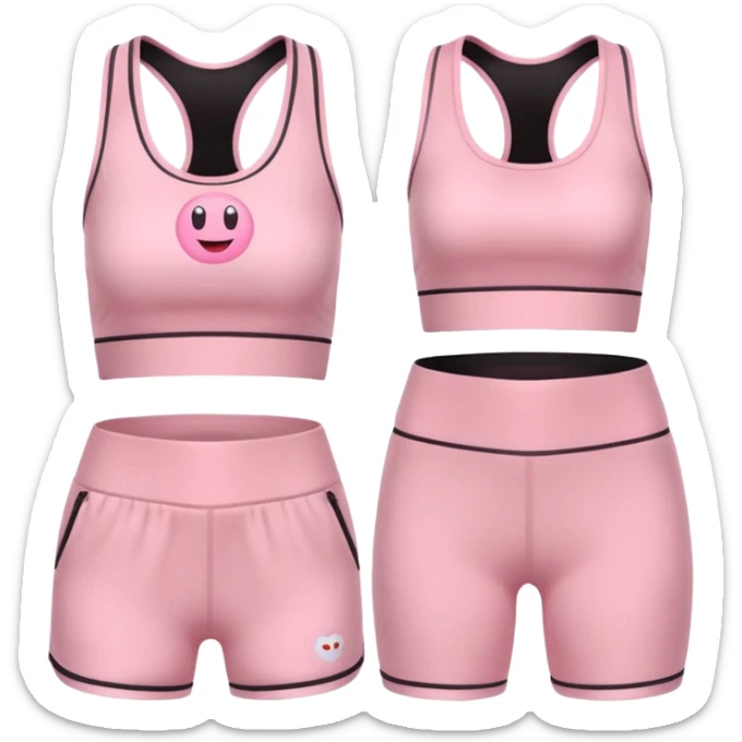 trendy pastel pink yoga set emoji, sleeveless cropped top and high-waisted sporty shorts, soft flexible fabric sticker