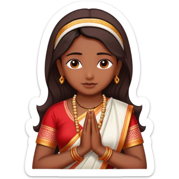 Bengali girl wearing traditional red and white saree with hands joined in prayer position sticker
