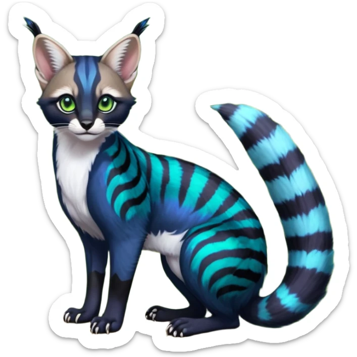 Colorful dark tropical cobalt-blue, black, white fur, with green eyes, iridescent glorious divine exotic cute cool beautiful shiny beautiful fantasy-caracal-civet-genet-sergal-vernid-Cacomistle-Furret-civet-oncilla-animal-Fakémon-hybrid-fursona with pattern markings (full body) sticker