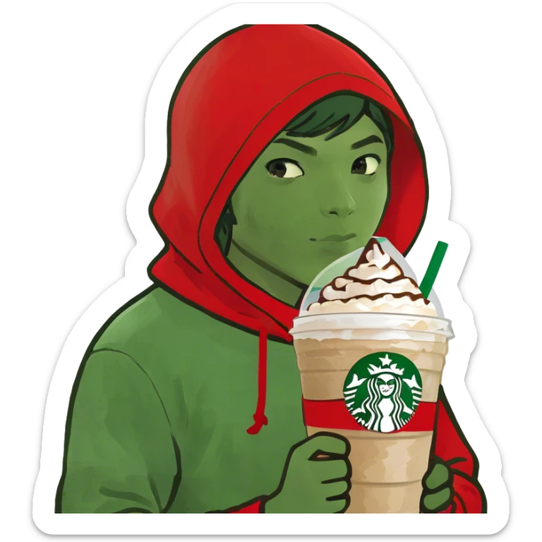 Japanese boy holding Frappuccino in Starbucks cup with a big red laccrose hooding on sticker