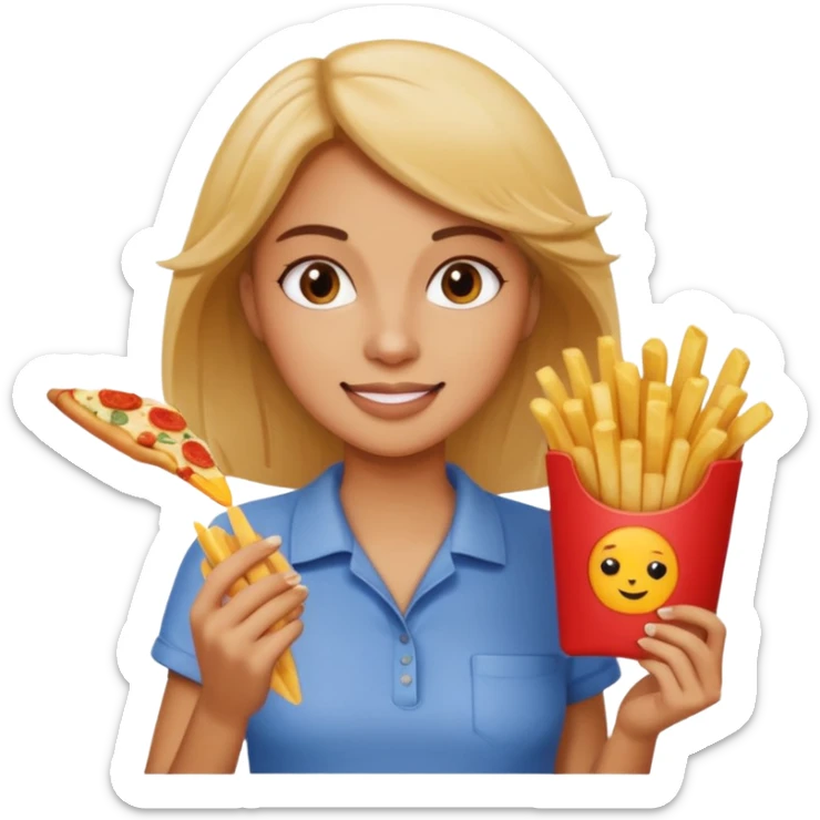 lean female holding fries on one hand and eating pizza on the other hand sticker