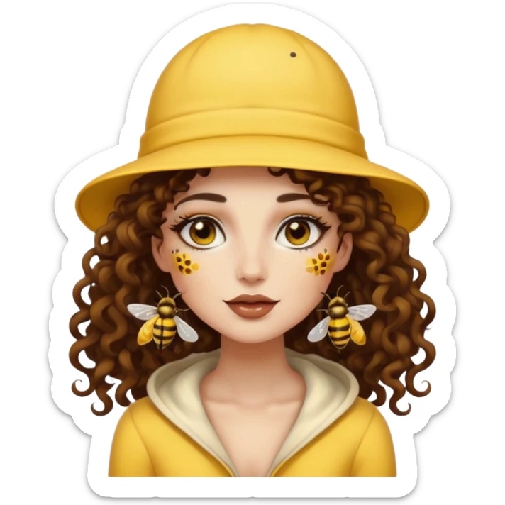 full body woman long curly brown hair brown eyes white skin tattoos wearing bee hat and pollen glow makeup sticker