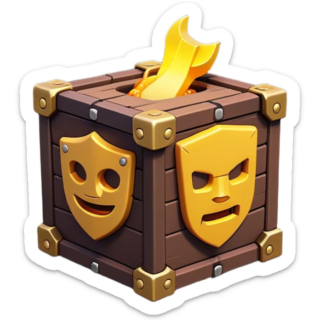 Clash of Clans aesthetic: Cinematic Playful Pixel 3D loot crate Emoji, rendered in a 3D vector-style similar to standard emojis with minimal shading and bold, simplified shapes. A compact, distinct form with signature details, softly glowing with a pixelated adventure charm. Simplified yet unmistakably iconic, highly detailed and consistent, glowing with a soft radiance and high shine. Stylized with a touch of classic pixel-art charm and a soft glowing outline, capturing the essence of a beloved gaming relic with a friendly, playful manner! sticker