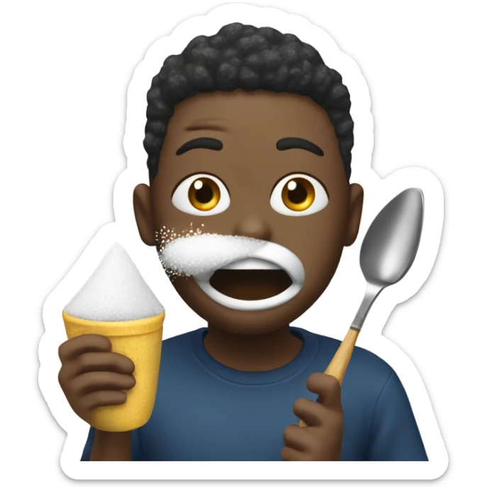 person eating salt and has a spoon full of sugar  with sugar all over their mouth and they’re also holding a lighter sticker