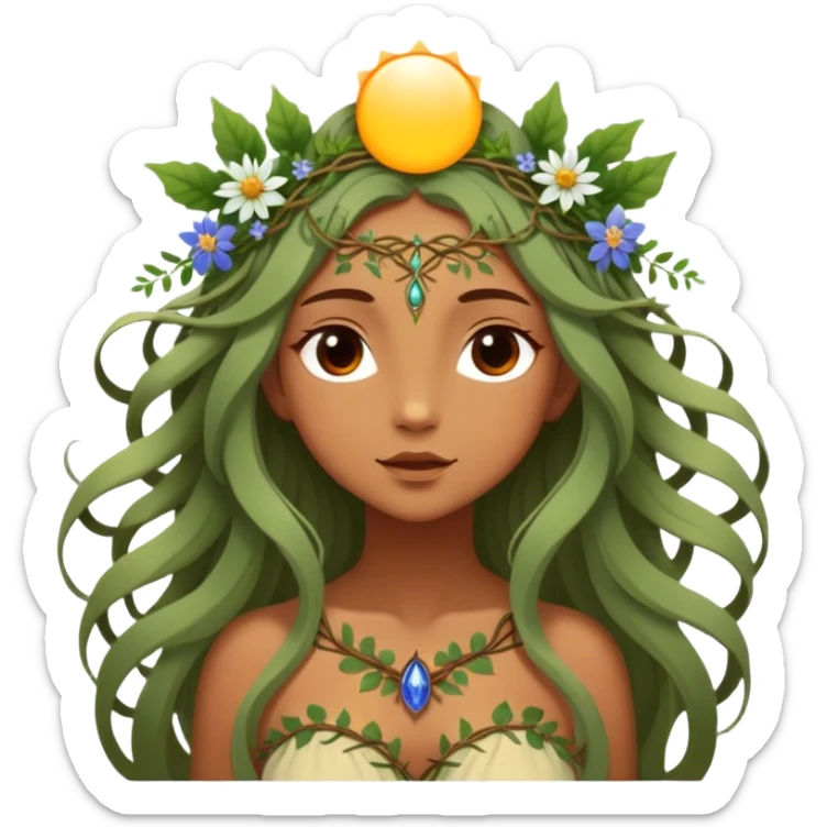 Cinematic Realistic Forest Nymph Fairy Portrait, depicted with lifelike, sun-kissed tanned skin that radiates an earthy glow, softly illuminated by natural, dappled light. Her long, flowing hair is intricately detailed and interwoven with delicate vines and wildflowers, while her deep, soulful eyes mirror the wisdom of the forest. Dressed in an attire inspired by nature’s palette—with subtle botanical motifs—the portrait exudes a soft, enchanted glow that melds realism with woodland magic. sticker