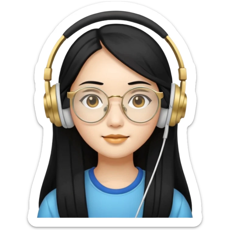 generate an asian female with long black hair, golden rim glasses, and a white headphones sticker