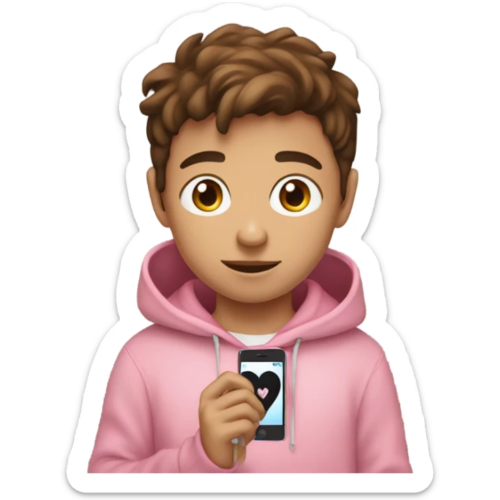 Boy with brown Hair, pink hoddie, holding a Smartphone with a heart  on the Screen sticker
