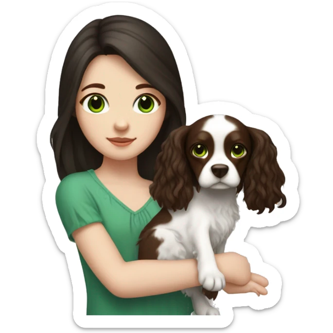 pale skin girl with green eyes with long dark brown hair that has a flower in her hair  holding a black and brown cavalier dog the dog also has a flower in its hair sticker