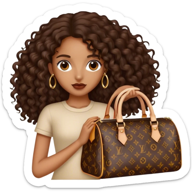 Brown girl with long dark brown long curly hair carrying a Louis Vuitton bag sticker