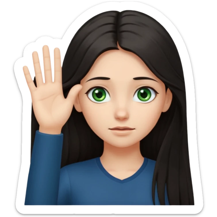 Animated girl dark long hair green eyes emoji holding right side of the head with her hand with duh facial expression , hand on top of her head sticker