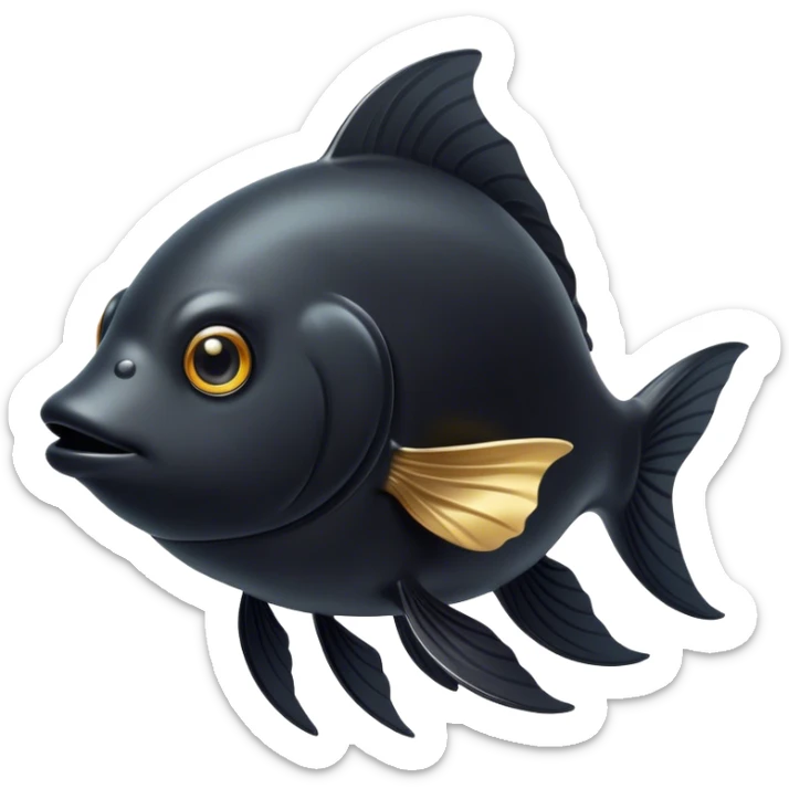 Cinematic Noble Black Goldfish Portrait Emoji, Poised and regal, with a sleek, streamlined build and a lustrous, deep black body, deep-set soulful golden eyes, Simplified yet sharp and sophisticated features, highly detailed, glowing with a soft, dignified glow, high shine, intelligent and graceful, stylized with an air of aquatic elegance, focused and attentive, soft glowing outline, capturing the essence of a watchful and confident aquatic companion, so majestic it feels as though it could glide out of the screen with effortless authority! sticker