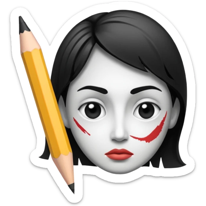Create a black-and-white icon showing the process of cartooning: a pencil sketching an exaggerated face, with ink pen details and pencil smudges. Use clean lines and shading. Transparent background. sticker