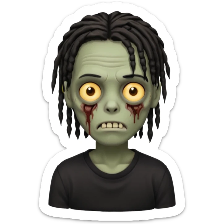 zombie boy with short black dreads that covers their eyes Their hair is dark brown, styled in shoulder-length dreadlocks that appear somewhat loose and slightly unkempt. The hair frames their face.wearing a black shirt  sticker