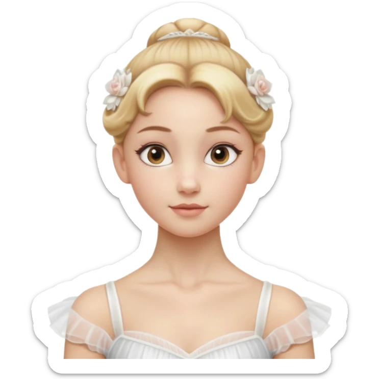 Cinematic Realistic Ballerina Portrait, depicted with lifelike skin texture, subtle rosy undertones, and soft natural lighting that enhances the gentle contours of her face. Her intricately detailed golden blonde hair is elegantly styled in an updo, sticker