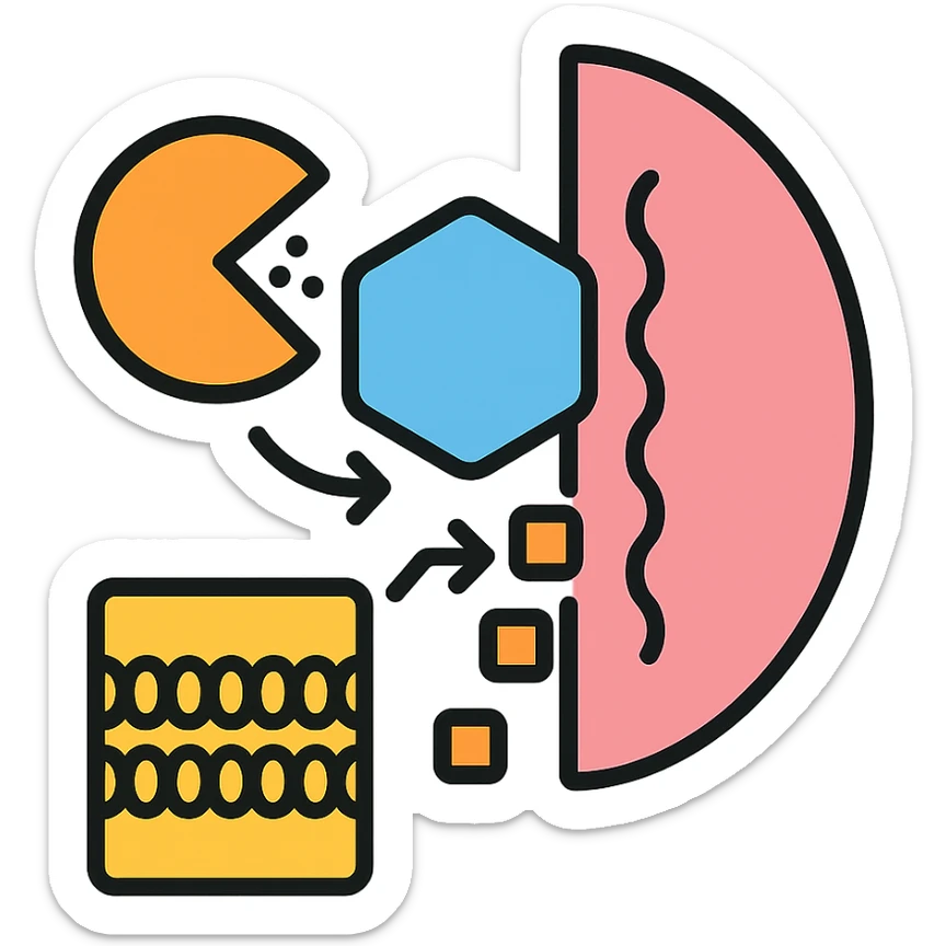 Ultra-detailed illustration of enzyme digestion: amylase breaking starch into sugars near a cell membrane. Clean white background, no text. Scientific but simple sticker