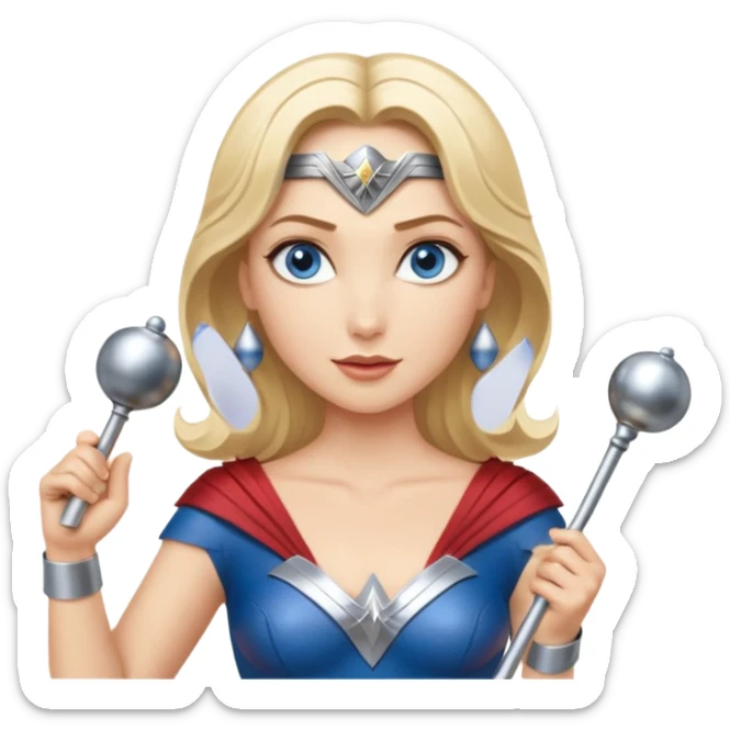Blonde blue eyes Wonder Woman holding bell and short white orchestra conductor’s baton  sticker