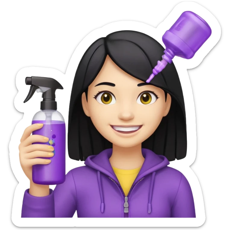 a smiling girl with black hair, yellow teeth, holding a fully purple spray bottle with the lid on, Genmoji emoji style sticker