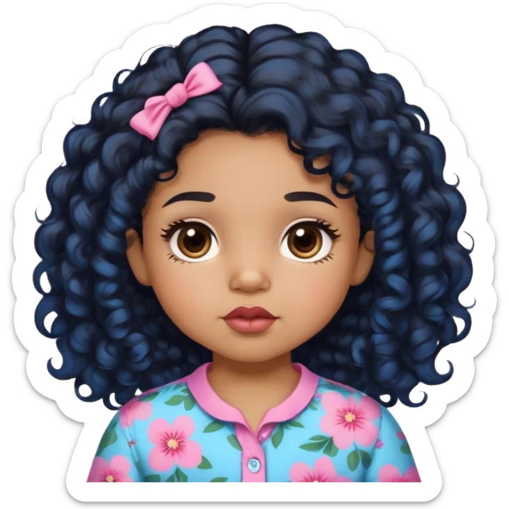 light brown skin tone, very adorable toddler, with big plump lips, long long lashes, black curly hair, middle hair parting, brown eyes, pink and blue floral shirt sticker