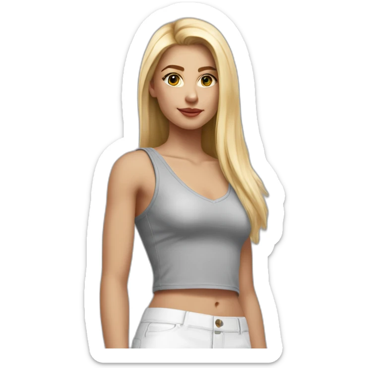 hyperrealistic caucasian blonde, long straight hair, white deep v-neck crop tanktop, gray tight mini skirt sticker