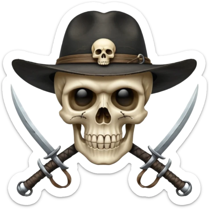 A skull and crossswords wearing a black wide brimmed traveler's hat. sticker