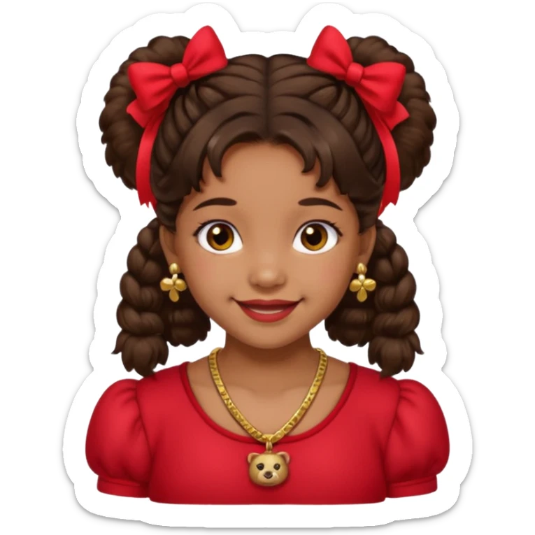 Brownskin girl dark brown hair fluffy. pigtails with red bows brown eyes smiling closed mouth red shirt gold esrrings gold necklace sticker