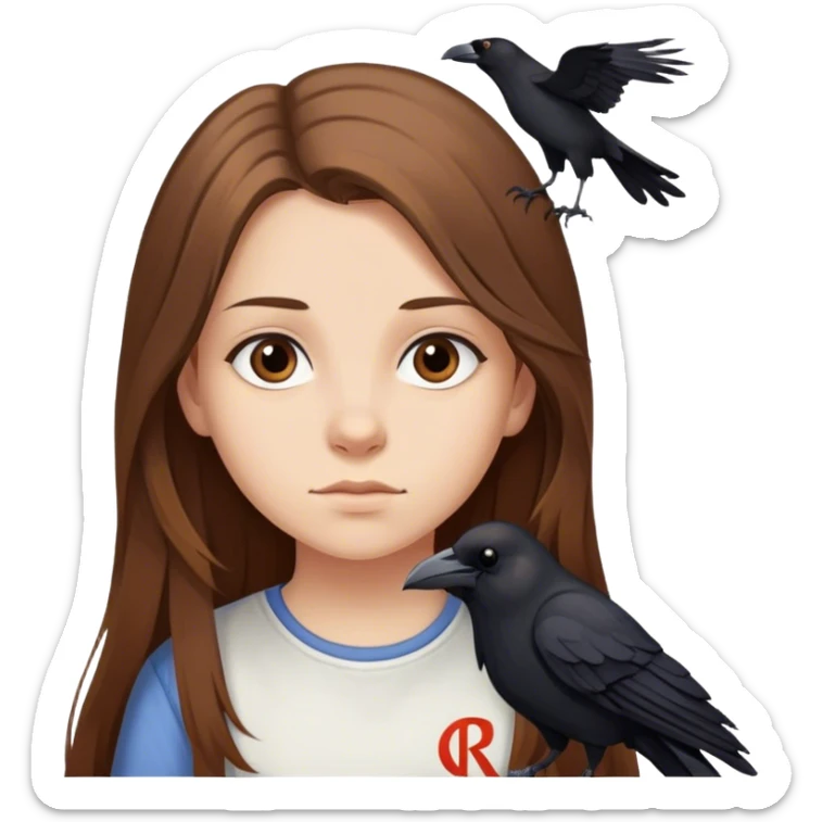 Young Girl named Clara with long brown hair wearing a shirt with the letters CL, followed by a Crow, followed by the letters RA printed on it  sticker