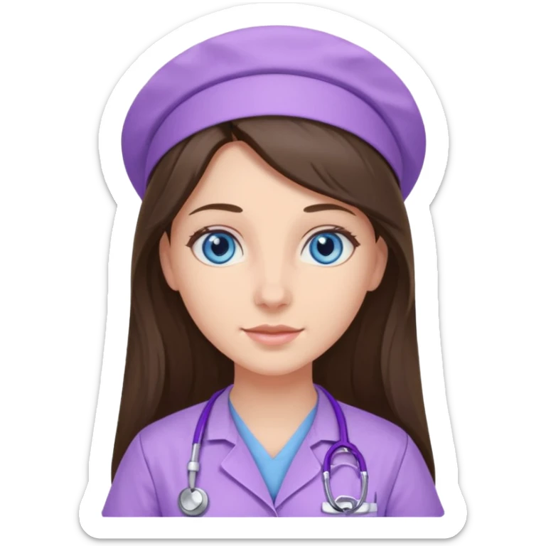 pretty brunette nurse with long hair and blue eyes in lilac scrubs sticker