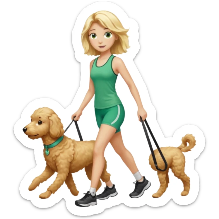 Girl with shoulder length, blonde hair, green eyes, in  fitness clothes, walking a golden doodle sticker