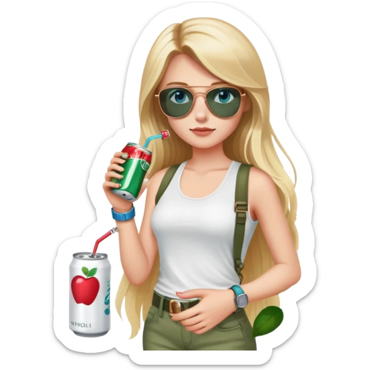 girl with long blond hair
with blue eyes
and aviator sunglasses
wearing white tank top 
holding one soda can without straw
wearing (rose gold apple watch with forest green band) sticker