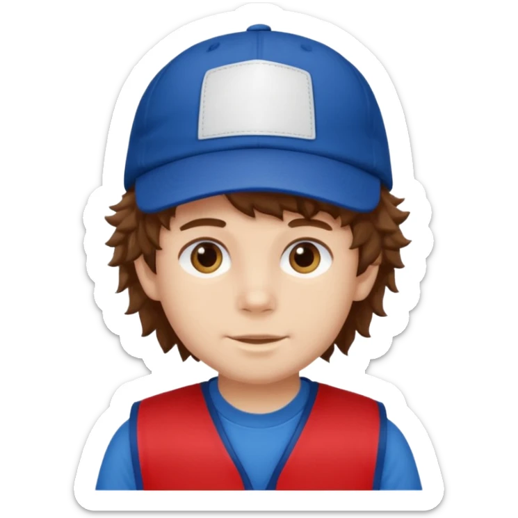 brown fluffy hair kid with blue and white cap dark blue jilet red t shirt sticker