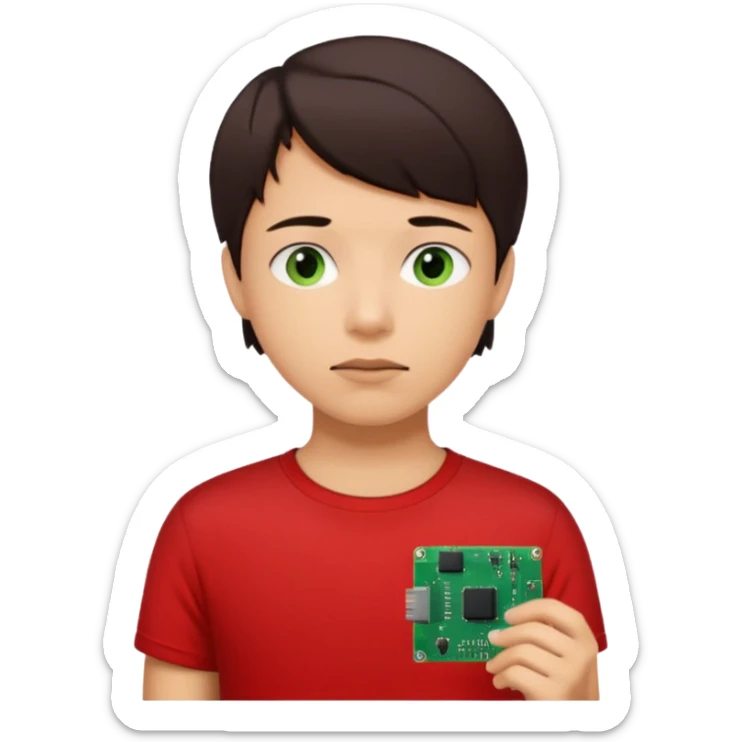 A young person wearing a red T-shirt indoors, short dark hair, holding a small green electronic circuit board near the mouth in a thoughtful pose. Warm natural lighting, window with blinds in the background, casual tech-inspired vibe. sticker