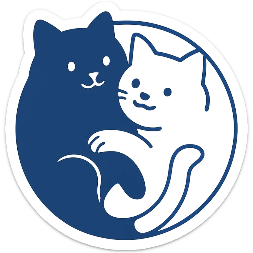 two cats, one black and one white, forming a yin-yang symbol, tails and bodies intertwined, simple style, clean lines, minimal background sticker